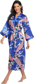 Valennia Women Long Silky Bathrobe Satin Kimono Robe Floral Printed Dressing Gown Sleepwear