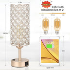 Touch Table Lamps for Bedrooms Set of 2-3 Way Dimmable Champagne Gold Crystal Lamps with Crystal Shade, Bedside Nightstand Lamp for Living Room Bedroom Home Office