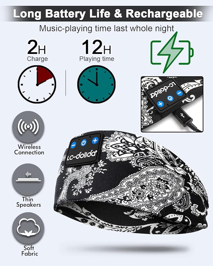LC-dolida Sleep Headphones Bluetooth Music Wireless Band Headphones with Thin HD Stereo Speakers Perfect for Side Sleepers, Sport, Yoga, Travel