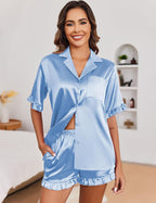 Ekouaer Satin Pajama Set for Women Button Down Silk 2 Piece Pj Sets Ruffle Short Sleeve Sleepwear