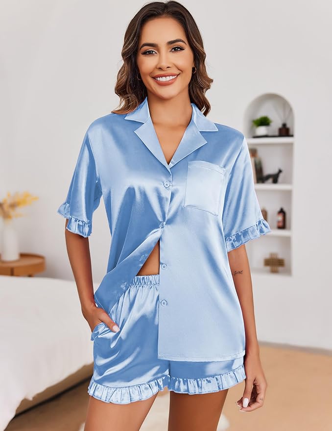 Ekouaer Satin Pajama Set for Women Button Down Silk 2 Piece Pj Sets Ruffle Short Sleeve Sleepwear