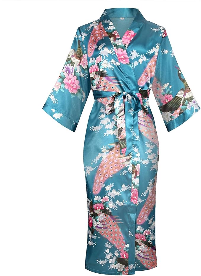 Valennia Women Long Silky Bathrobe Satin Kimono Robe Floral Printed Dressing Gown Sleepwear