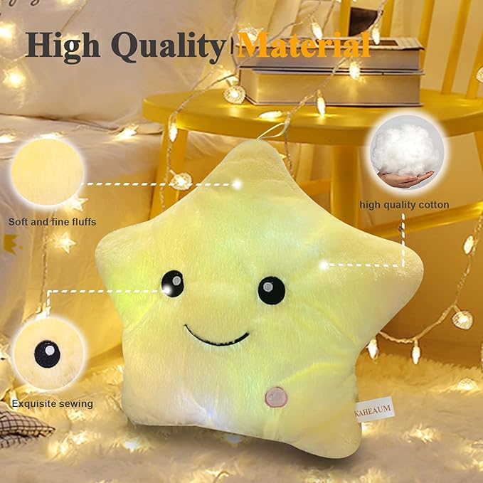 Twinkle Star Pillow, Decorative Throw Pillows LED Night Light Up Pillow Stuffed Animal Plush Toys Cute Pillows for Kids Girls Birthday Christmas Valentine,Yellow Soft Pillow Cushions