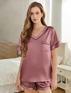 Silk Pajamas for Women Short Sleeve Satin 2 Piece Pj Set Soft V Neck Sleepwear Loungewear, S-XXL