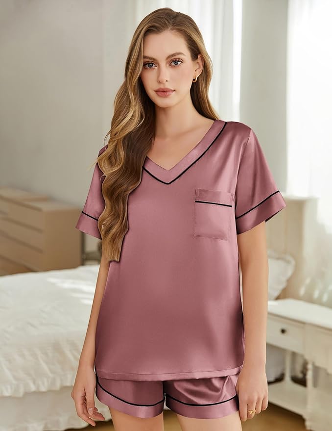 Silk Pajamas for Women Short Sleeve Satin 2 Piece Pj Set Soft V Neck Sleepwear Loungewear, S-XXL