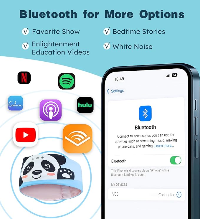 Toddler Headband Headphones Wireless, Kids Bluetooth Earphones for iPad, Safe Volume - Wired School Headphones with 3.5 MM Jack, Sleep Mask for Kids, Travel Accessories Gift for Boys & Girls (Panda)
