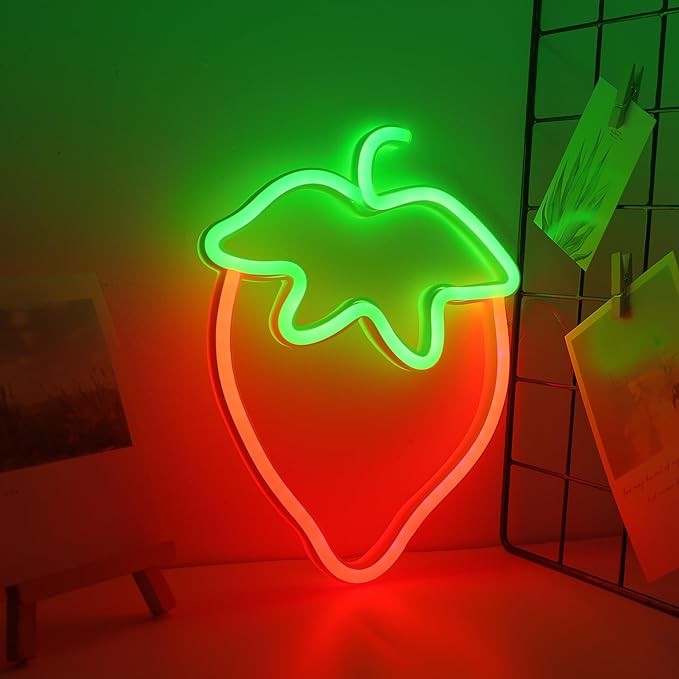 ENUOLI Strawberry Neon Sign Red Green Color Led Sign Fruit Shape Neon Light for Bedroom Wall Decor, Strawberry LED Neon Light, Bar, Fruit Shop,Kids Room Gift