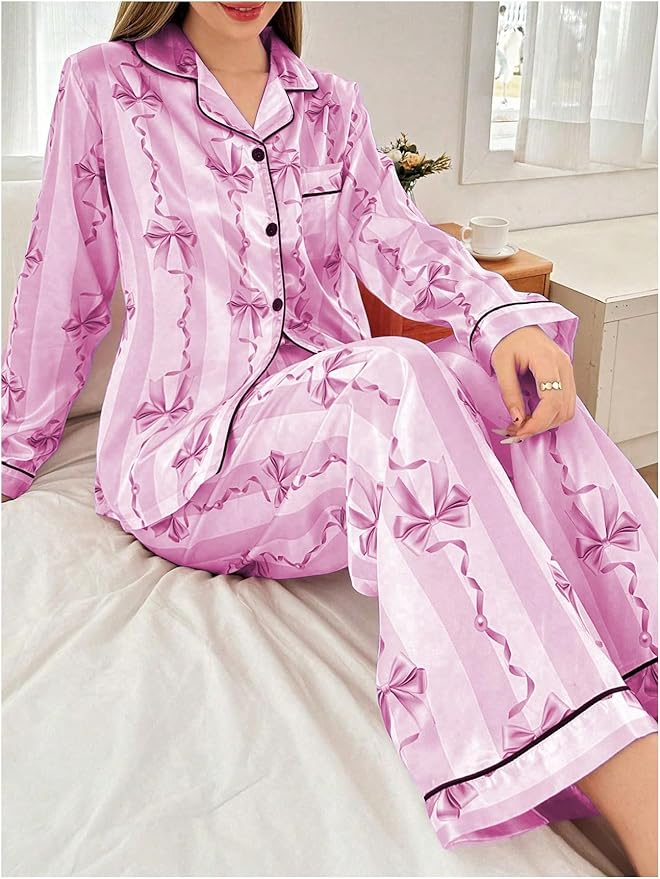 WDIRARA Women's 2 Piece Bowknot Print Satin Pajama Set Long Sleeve Button Down Lounge Pants Sleepwear Sets