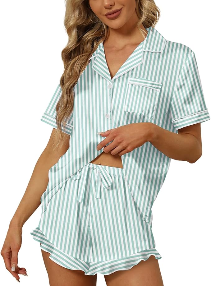 SAPJON Satin Silk Pajamas for Women 2Pcs Ruffle Notch Collar Sleepwear Button Down Short Sleeve Shorts Pjs Set Loungewear