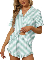 SAPJON Satin Silk Pajamas for Women 2Pcs Ruffle Notch Collar Sleepwear Button Down Short Sleeve Shorts Pjs Set Loungewear