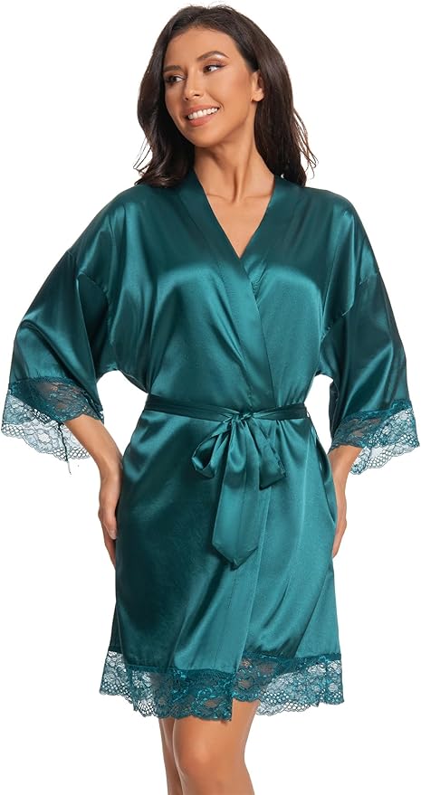 Kihnop Women's Satin Robe Silk Robe Lace Bridal Robes for Bride Bridesmaid Robes Silky Bathrobe Getting Ready Sleepwear