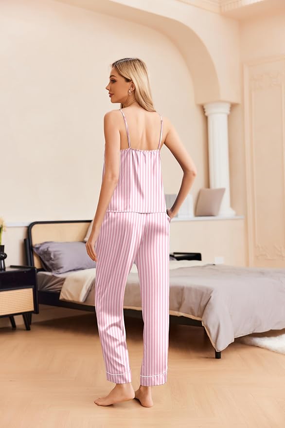 Ekouaer Women Silk Satin Pajamas Sleeveless Pjs Set 2 Piece Summer Loungewear Sleepwear with Pockets S-XXL