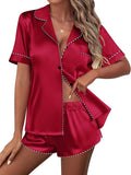 Ekouaer Silk Satin Pajamas Set Short Sleeve Pj Sets Black & White Contrast Piping Pjs Button Down Lounge Sets 2 Piece