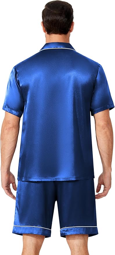 Ekouaer Mens Pajamas Set Silk Satin Sleepwear Short Sleeve Button Down Pjs Set 2 Piece Loungewear with Pockets S-XXL