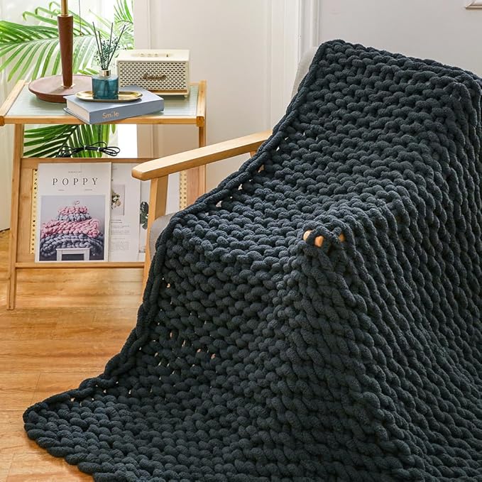 YAAPSU Chunky Knit Throw Blanket for Couch, 51"x63", 100% Hand Knitted Thick Cable Knit with Cozy Jumbo Chenille Yarn, Soft Large Rope Knot Crochet Blankets for Sofa Bed Living Room Décor, Black Grey