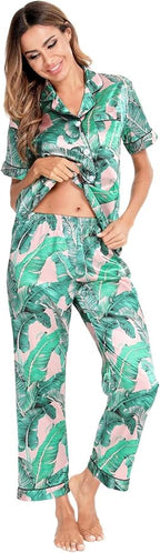 SWOMOG Women Satin Pajamas Set Short Sleeve Top & Pants Sleepwear Silky Button Down Nightwear 2pcs Loungewear Pjs Set