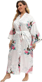Women's Floral Long Satin Robes Plus Size Long Silk Robes Peacock Floral Kimonos Sleepwear Dressing Gown