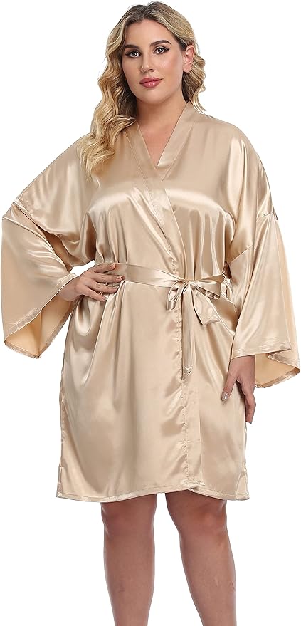 Women's Plus Size Short Silky Bathrobes Satin Kimono Robes Bride Bridesmaid Loungewear Soft Nightgown