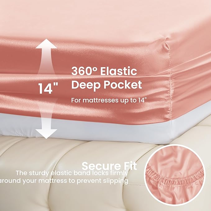 Love's cabin California King Satin Sheet Sets - 4 Piece Coral Silky Sheets Bed Set with Deep Pocket, Luxury Silk Feel Satin Cal King Sheet Set (1 Flat Sheet,1 Fitted Sheet,2 Pillow Cases)