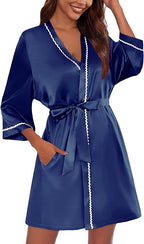Ekouaer Women's Satin Robe Short Bridesmaid Bride Feather Bridal Robe Kimono Silky Long Sleeve Bathrobe S-XXL