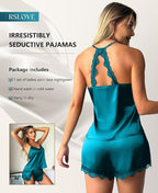 RSLOVE Women Pajama Set Sleepwear - Satin Pajamas Silk V Neck Cami and Shorts Pjs 2 Piece Womens Sexy Lace Lounge Nightwear