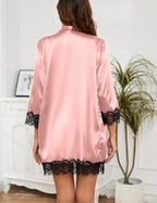 Womens 4 Pcs Lingeries Silk Pajamas Robes Set Sexy Pjs Cami Shorts Satin Sleepwear Lace Loungewear