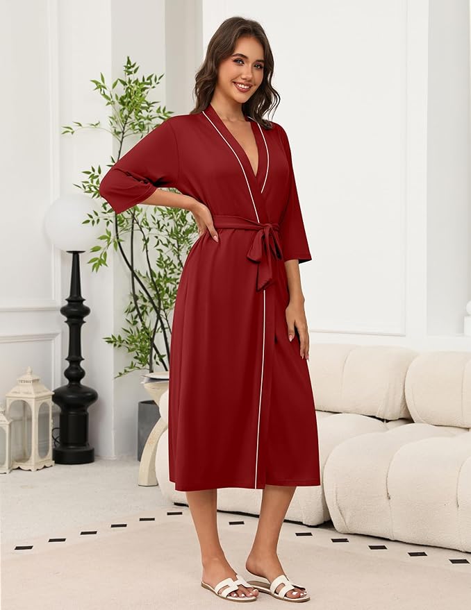 Ekouaer Robes for Women Long Knit Bathrobe Lightweight 3/4 Sleeves Kimono Robe Soft Sleepwear with Pockets S-XXL