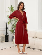Ekouaer Robes for Women Long Knit Bathrobe Lightweight 3/4 Sleeves Kimono Robe Soft Sleepwear with Pockets S-XXL