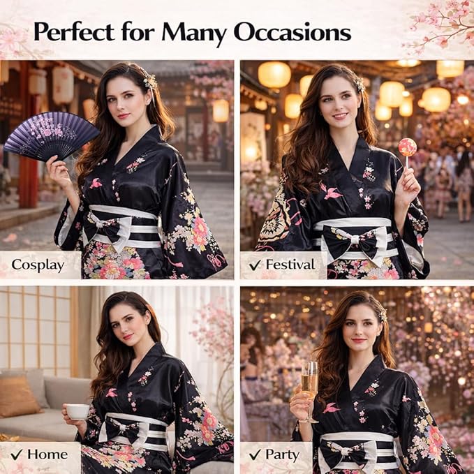 Kimonos for Women Japanese Style Satin Kimono Robe with Bow Belt Fan Hair Accessory and Tabi Socks