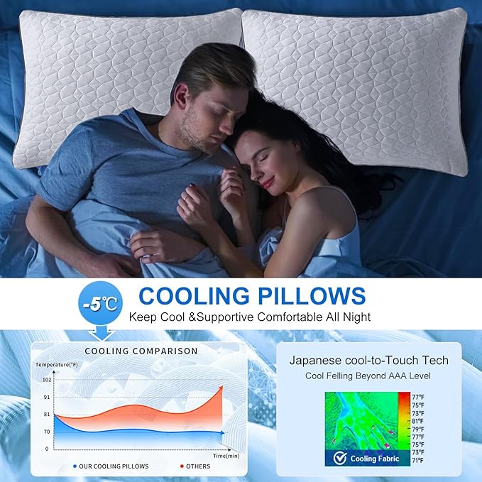 Cooling Pillows Queen Size Set of 4, Shredded Memory Foam Pillows, Adjustable Firm Bed Pillows Cool Cold Pillow for Hot Side Back Stomach Sleepers with Removable Washable Cover, 20" x 30", White