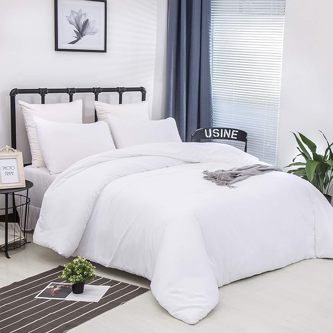 Luxlovery White Full Comforter Set White Bedding Set Full Size Modern Comforter Full Solid Soft Breathable Blanket Quilts 3 Piece Pure Color Bedding Set