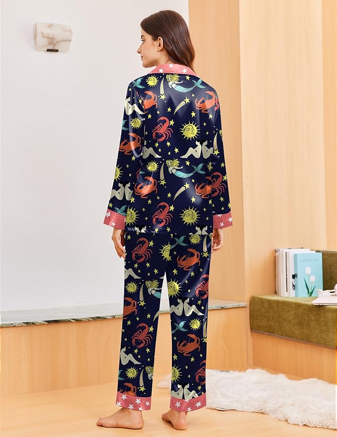 Ekouaer Silk Pajamas for Women Long Sleeve Satin Pajama Set Silky Pj Sets 2 Piece Button Down Loungewear Sleepwear