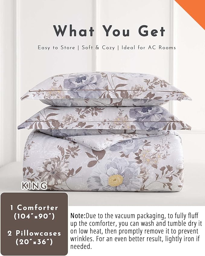 ALEISSEL Luxurious Cotton 3pcs Floral Comforter Sets King Size - Light Gray Comfoter with Bluish Gray & Taupe Floral and Botanical Prints, Vintage Lightweight Bedding Sets(King 104"×90")