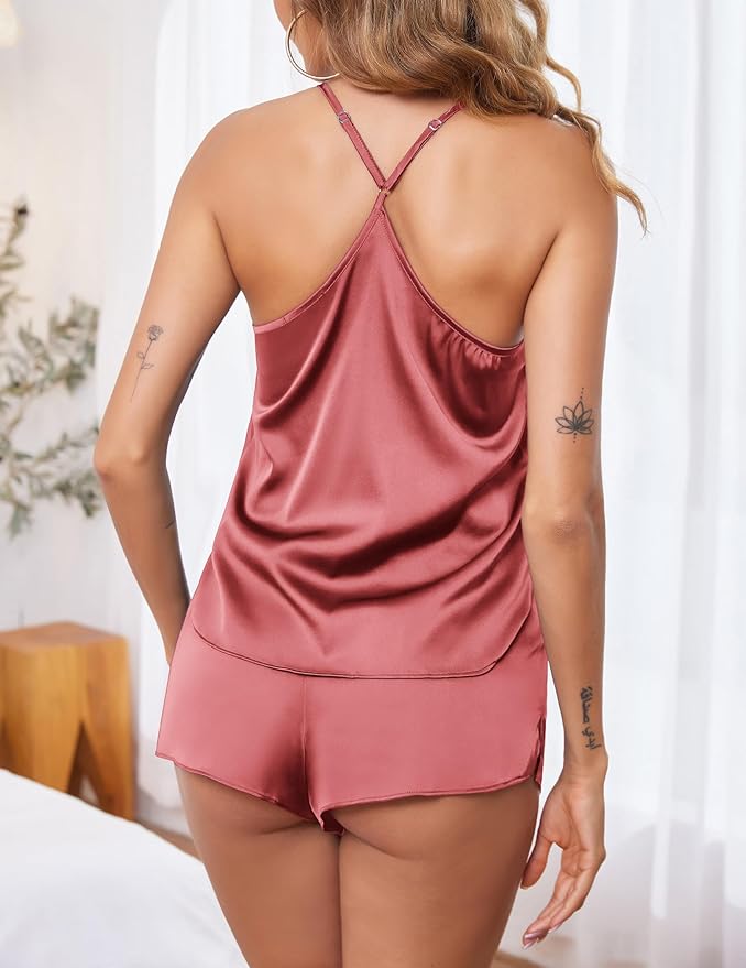 Ekouaer Silk Pajamas Set for Women Satin Lingerie Pjs Cami Top and Shorts Soft 2 Piece Nightwear