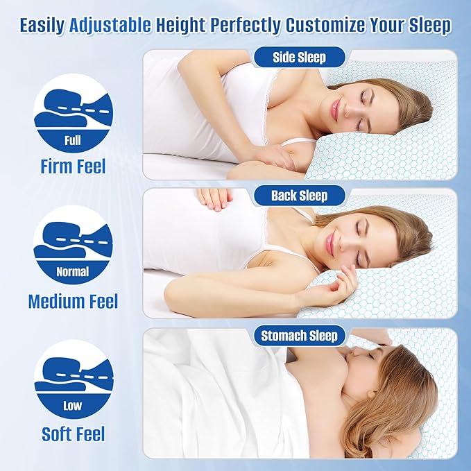 CushyOasis Shredded Memory Foam Pillow for Sleeping, Cooling Bed Pillows Set of 2, Adjustable Pillows for Side, Back, Stomach Sleepers with Washable Pillowcase (Queen Size, Blue)
