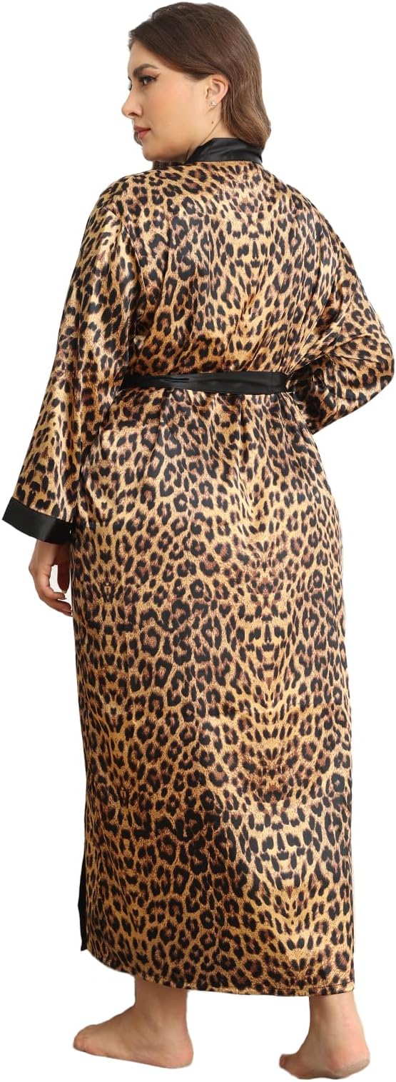 Womens Plus Size Silky Satin Kimono Robe Floral Long Bathrobe Wedding Sleepwear Dressing Gown