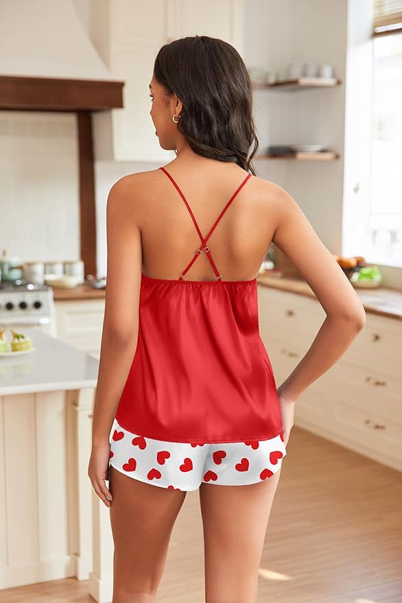 EKOUAER Silky Pajama Set for Women V-Neck Satin Camisole Lingerie Sets Party Loungewear Sleepwear