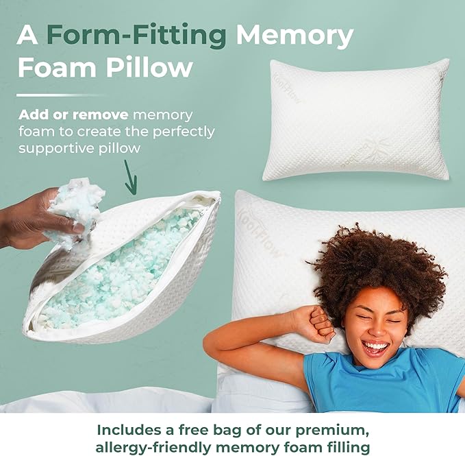 Snuggle-Pedic Queen Shredded Memory Foam Bed Pillow - Ergonomic Design with Cooling Airflow Cover - Custom Support for Side Sleepers, Pregnancy Relief Recovery Comfort & Dorm Essentials - USA Quality