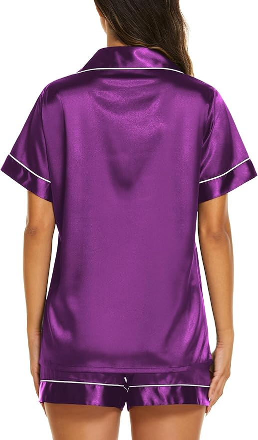 Ekouaer Silk Pajamas for Women Short Sleeve Sleepwear Soft Button Down Loungewear 2 Piece Satin Pjs Shorts Set