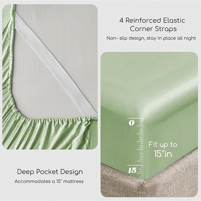 MR&HM Satin Bed Sheets with Elastic Corner Straps, King Size Sheets Set, 4 Pcs Silky Bedding Set with 15 Inches Deep Pocket for Mattress (King, Light Sage)
