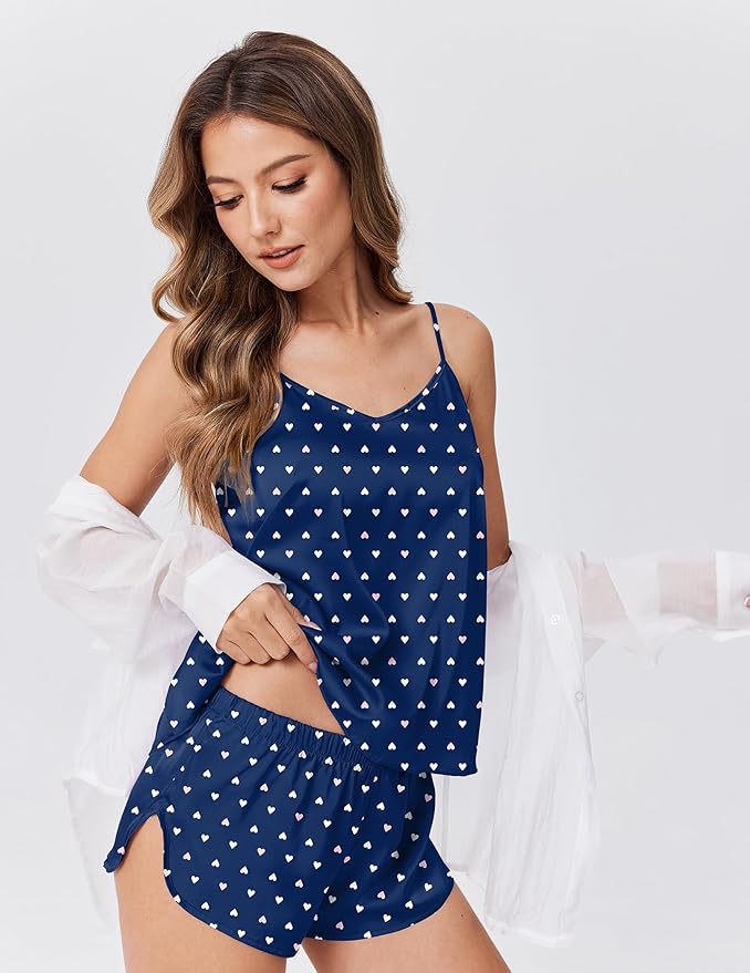 Ekouaer Satin Pajamas Set for Women Silk Cami Pjs Sets Soft Sleepwear V Neck Camisole Top and Shorts