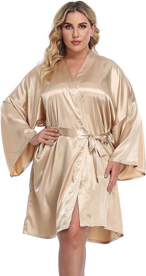 Women's Plus Size Satin Kimono Robes Short Silk Bathrobe Bridesmaid Wedding Party Nightgown Sleepwear