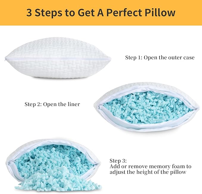 HOMBYS 2 Pcs Extra Firm Bed Pillows for Sleeping, Shredded Memory Foam Pillows Standard Size, for Side, Back, Stomach Sleepers,40% Viscose Made from Bamboo Cooling Cover