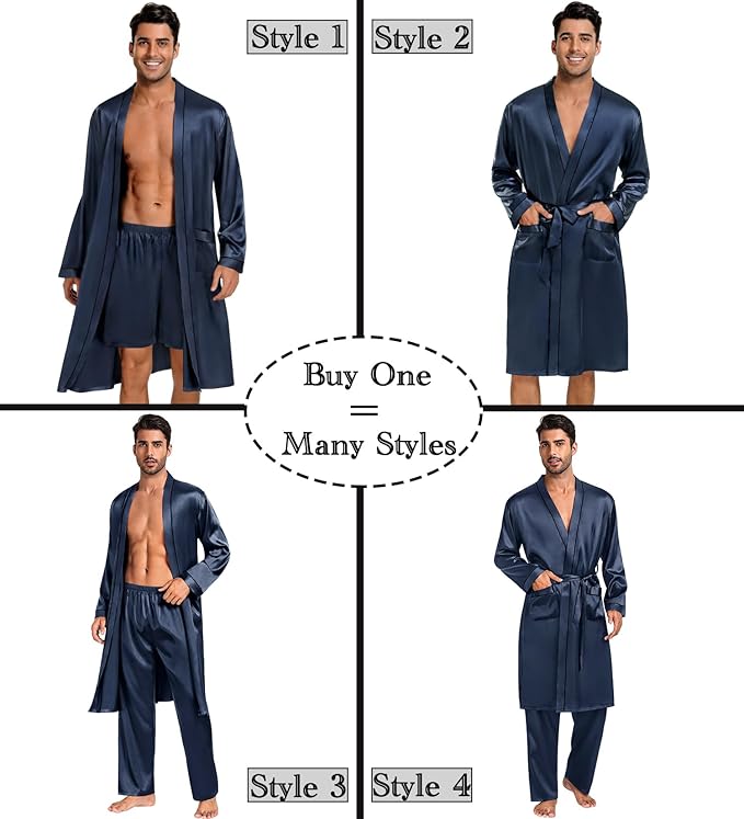 SWOMOG Mens 3 PCS Satin Robe with Pants & Shorts Set Kimono Bathrobe Long Sleeve Sleepwear Pjs Sets with Pockets