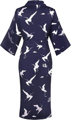 Valennia Women Long Silky Bathrobe Satin Kimono Robe Floral Printed Dressing Gown Sleepwear