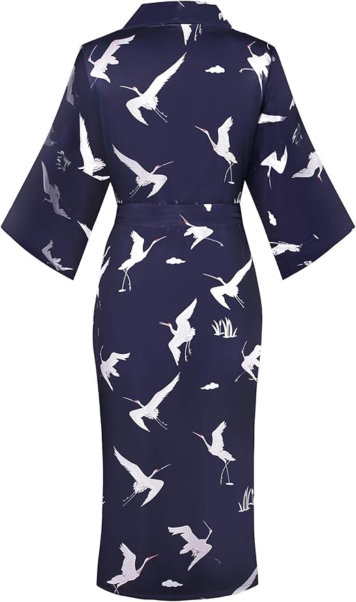 Valennia Women Long Silky Bathrobe Satin Kimono Robe Floral Printed Dressing Gown Sleepwear