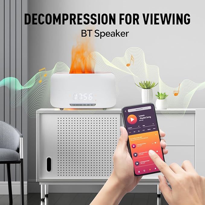 Aroma Diffuser with Bluetooth Speaker, 5-in-1 Essential Oil Diffuser Flickering Flame, 400mL Humidifier LED Clock Remote, Quiet for Bedroom Home Office Auto Shut-Off Gift (White)