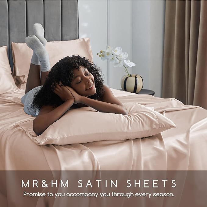 MR&HM Satin Bed Sheets, Full Size Sheets Set, 6 Pcs Silky Bedding Set with 15 Inches Deep Pocket for Mattress (Full, Champagne)