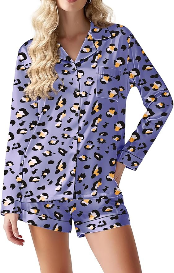 Ekouaer Satin Pajama Set for Women Button Down Pj Set Long Sleeve Top and Shorts 2 Piece Loungewear Summer Soft Sleepwear