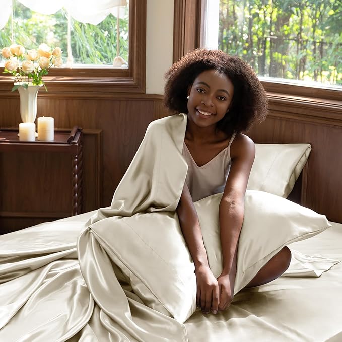 CozyLux Satin Sheets Queen Size Bed Set - 4 Piece Silky Queen Sheet Set, Luxury Beige Queen Sheets with Smooth and Soft Microfiber, Includes 1 Fitted Sheet, 1 Flat Sheet and 2 Pillowcases